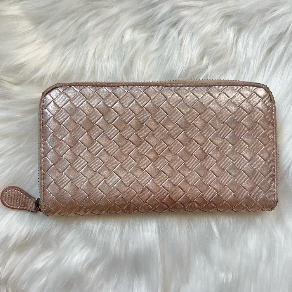 Bottega Veneta Rose Gold Woven Metallic Calfskin Leather Zip Around Wallet